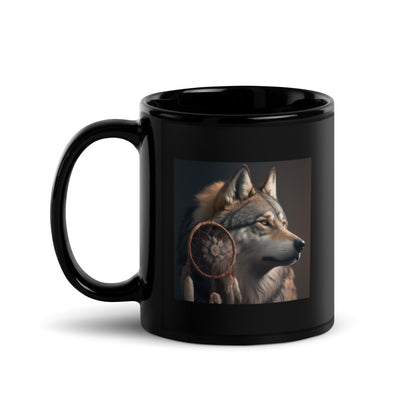 Wolf with Dream Catcher Black Coffee Mug