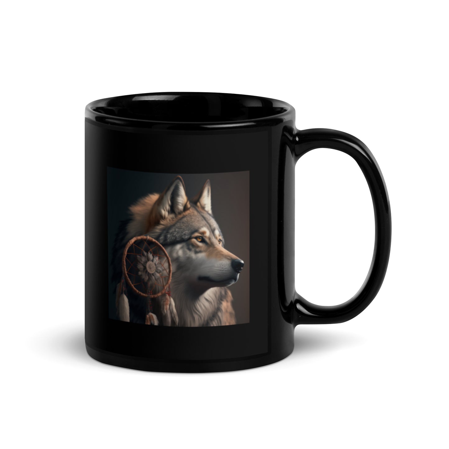 Wolf with Dream Catcher Black Coffee Mug