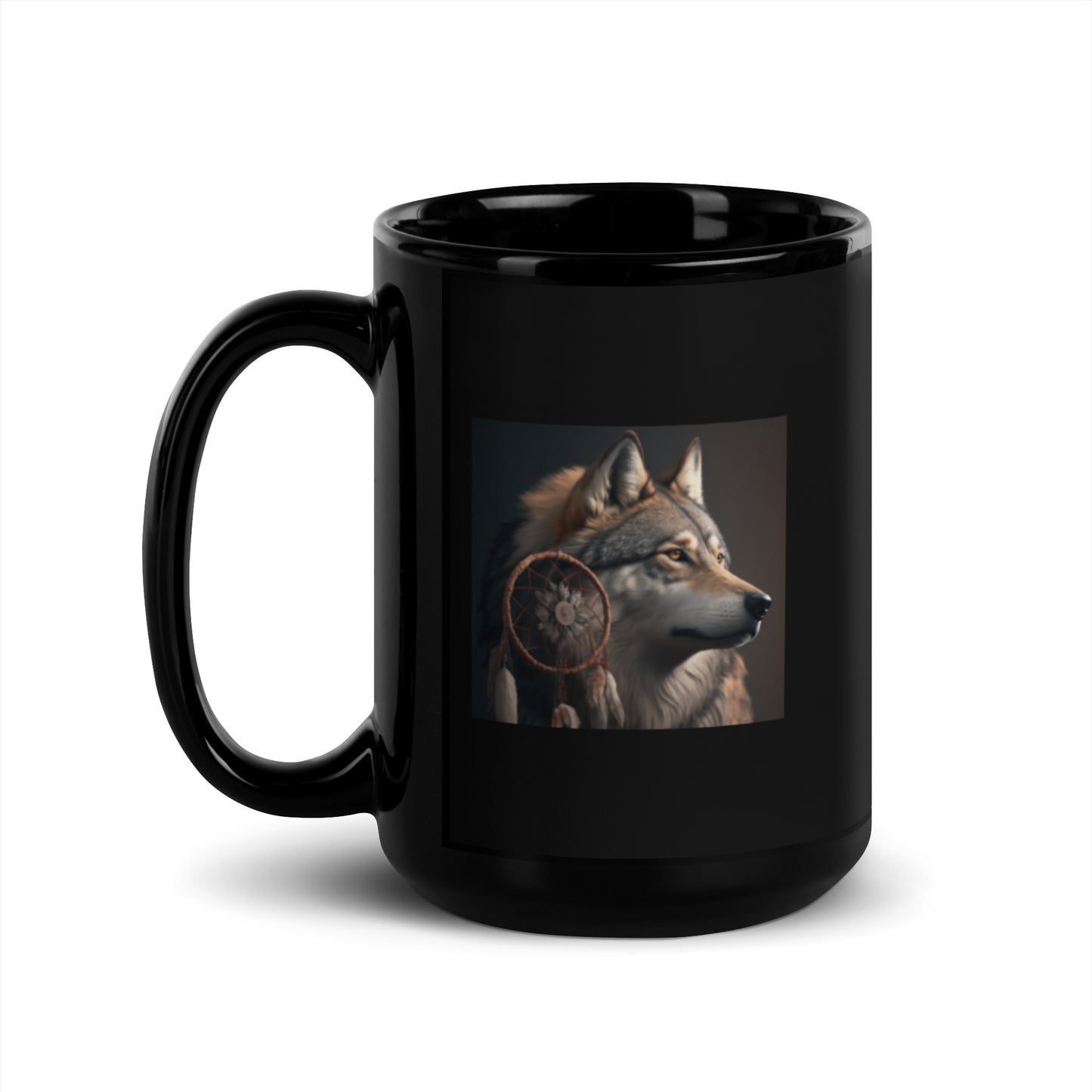 Wolf with Dream Catcher Black Coffee Mug