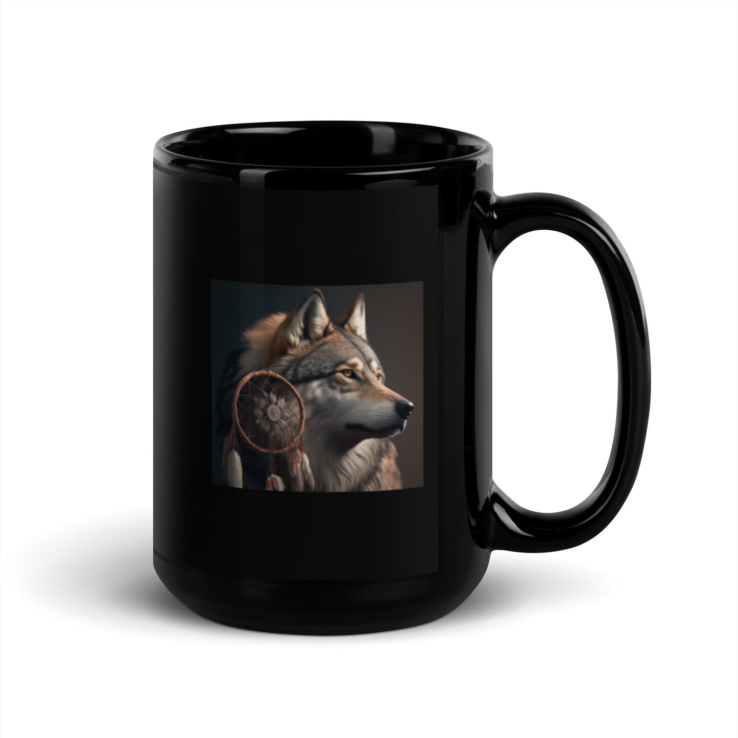 Wolf with Dream Catcher Black Coffee Mug